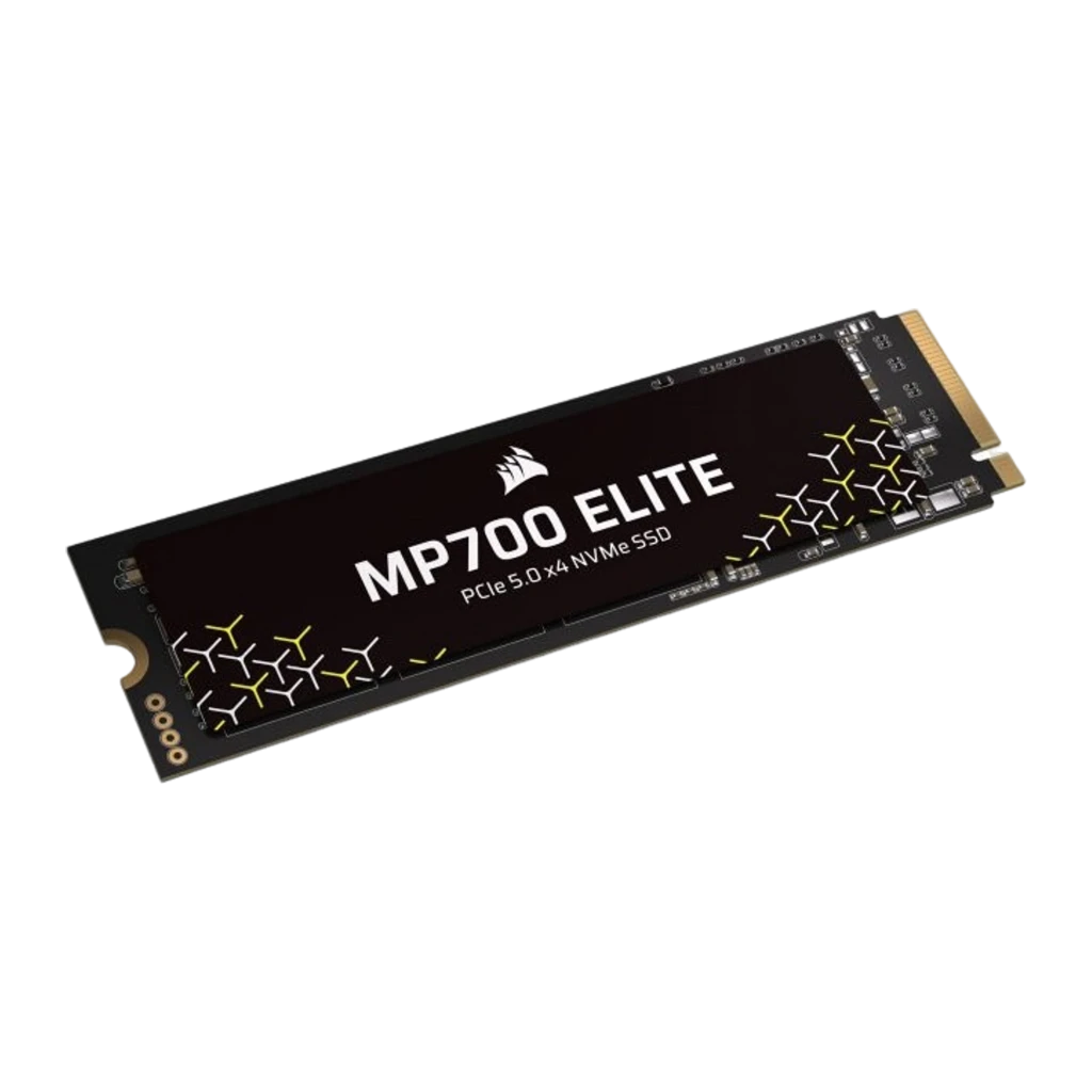 Corsair MP700 Elite 2TB noir, vue de face: SSD M.2 horizontal avec logo, motif géométrique jaune et connecteur doré - Ítem2