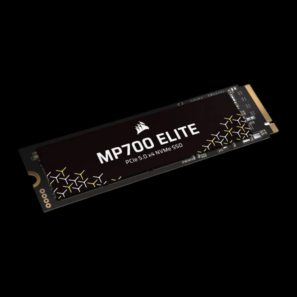 Corsair MP700 Elite 2TB preto, ângulo superior direito: SSD M.2 inclinado com face superior e lateral direita visíveis