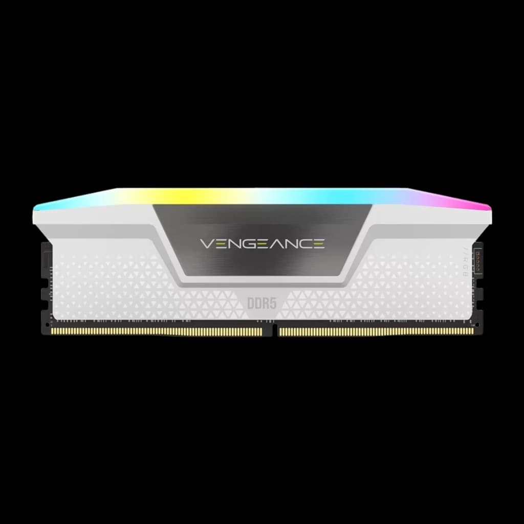 Corsair Vengeance RGB DDR5 5600MT/s 32GB blanco, vista frontal: un módulo DIMM, iluminación RGB en la parte superior y