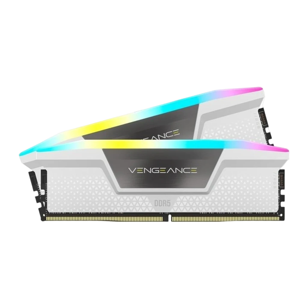 Corsair Vengeance RGB DDR5 5600MT/s 32GB branco, vista frontal: módulo DIMM único, iluminação RGB no topo e dissipador com - Item1