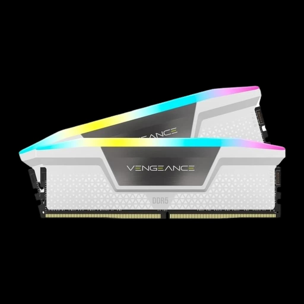 Corsair Vengeance RGB DDR5 5600MT/s 32GB blanco, vista lateral en escorzo: dos módulos DIMM superpuestos mostrando el perfil