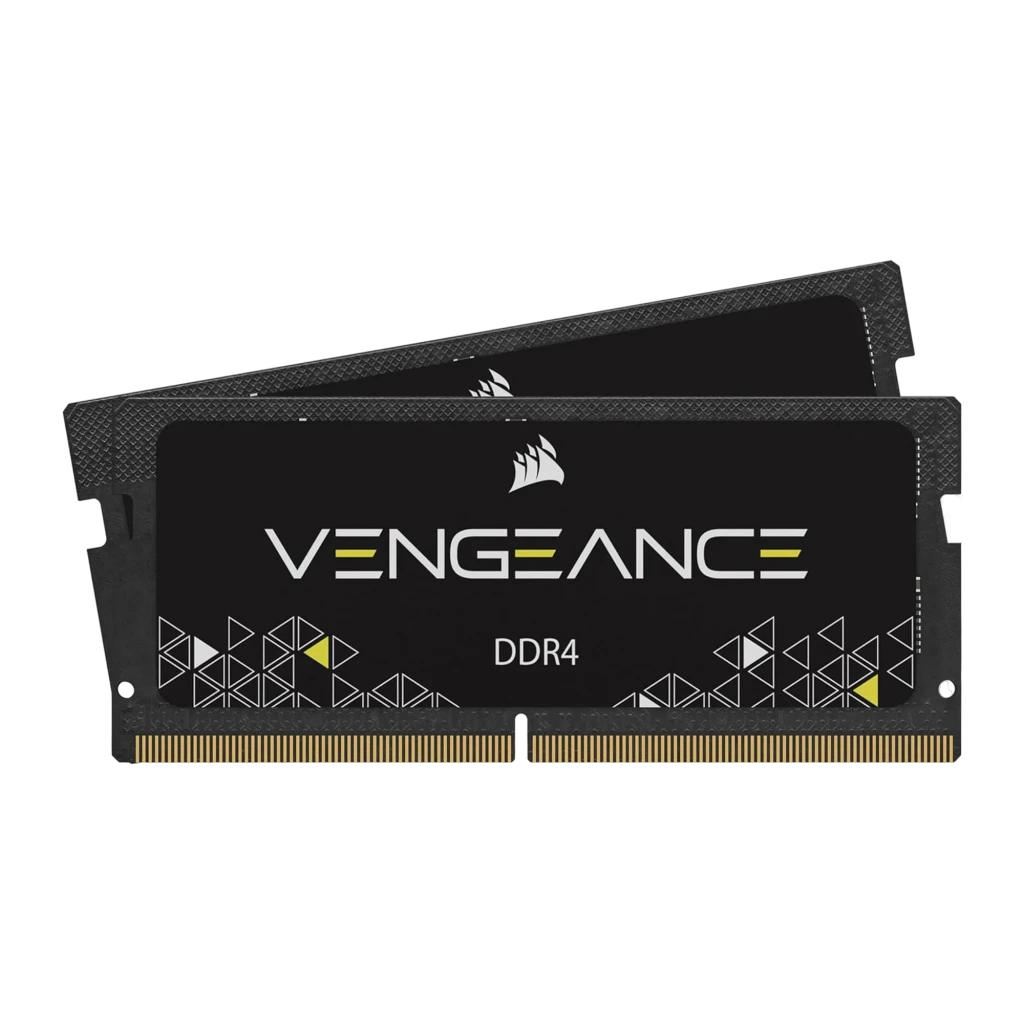 Corsair Vengeance 16GB DDR4-2666 noir, vue en perspective: deux modules SO-DIMM empilés en angle, étiquette VENGEANCE DDR4 - Ítem1