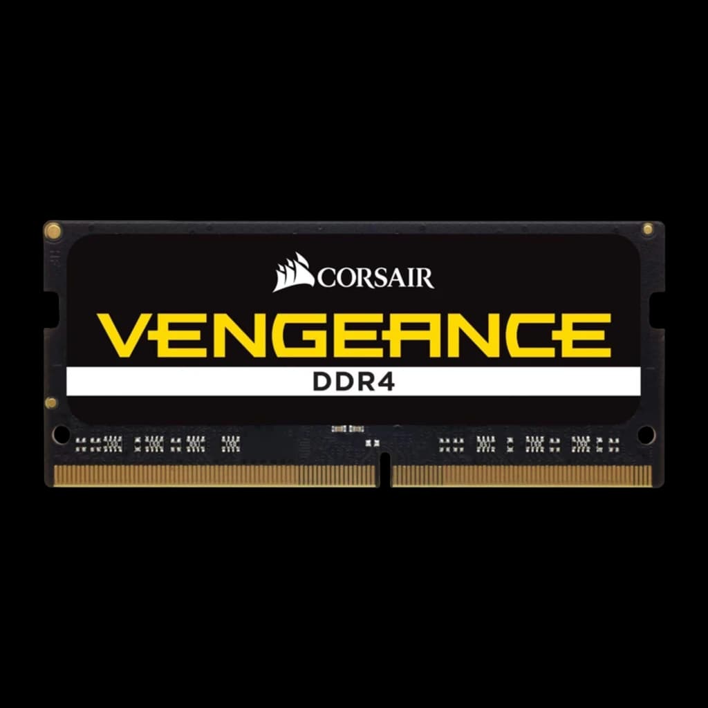 Corsair Vengeance 8GB DDR4 SODIMM 2400MHz preto, vista frontal: etiqueta com logo Corsair e texto Vengeance DDR4 em amarelo,