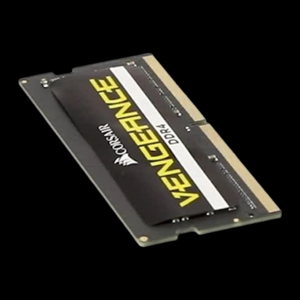 Corsair Vengeance 8GB DDR4 SODIMM 2400MHz preto, vista traseira angular: verso do módulo com logo espelhado, PCB e contatos