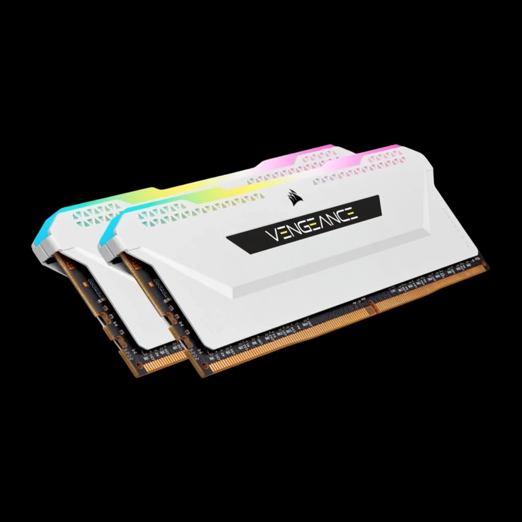 Corsair Vengeance RGB Pro SL 16GB Blanco, vista en perspectiva: dos módulos DDR4 con iluminación RGB y disipador blanco con