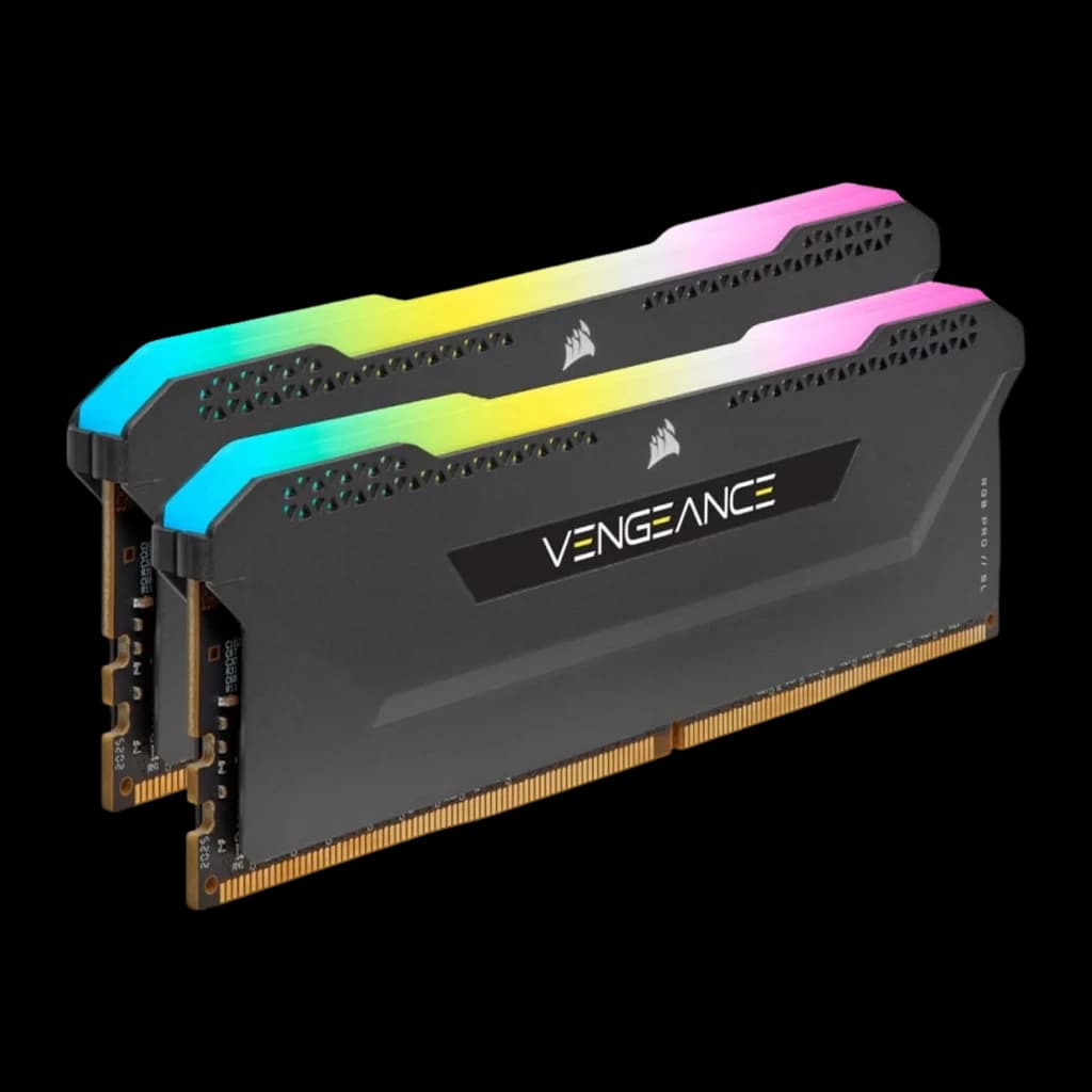Corsair Vengeance RGB Pro SL 32GB negro, vista principal: kit 2x16GB DDR4 en ángulo con iluminación RGB multicolor en la