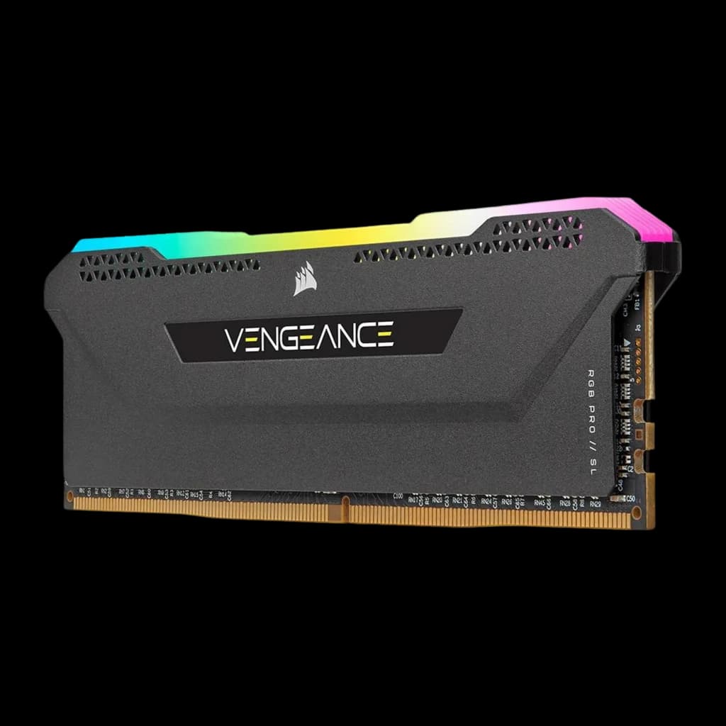 Corsair Vengeance RGB Pro SL 32GB negro, vista lateral: módulo único DDR4 en ángulo mostrando disipador texturizado y RGB en