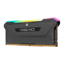 Corsair Vengeance RGB Pro SL 32GB negro, vista lateral: módulo único DDR4 en ángulo mostrando disipador texturizado y RGB en