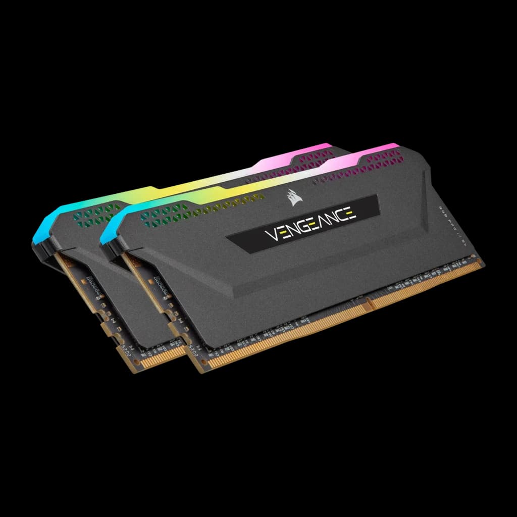 Corsair Vengeance RGB Pro SL 32GB negro, vista frontal: kit 2x16GB DDR4 escalonado mostrando rejillas del disipador y RGB