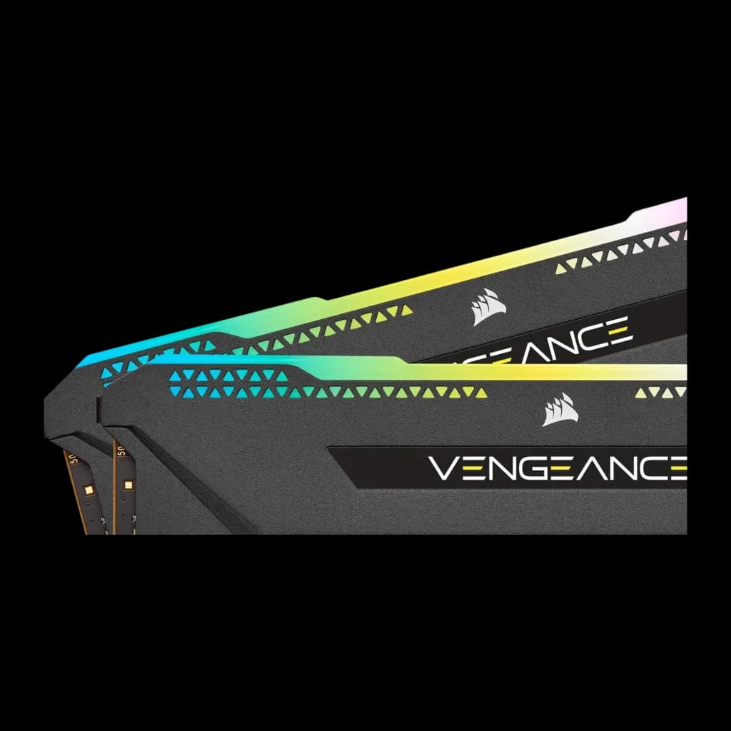 Corsair Vengeance RGB Pro SL 32GB negro, detalle superior: primer plano de dos módulos con patrón triangular del disipador y