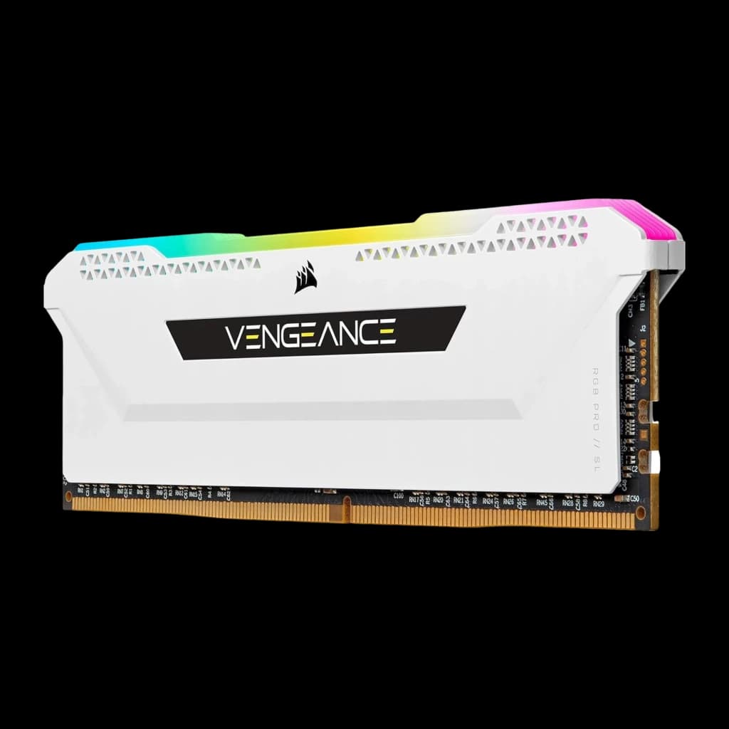 Corsair Vengeance RGB Pro SL 32GB Blanco, vista lateral: un módulo DDR4 con iluminación RGB en la parte superior y disipador