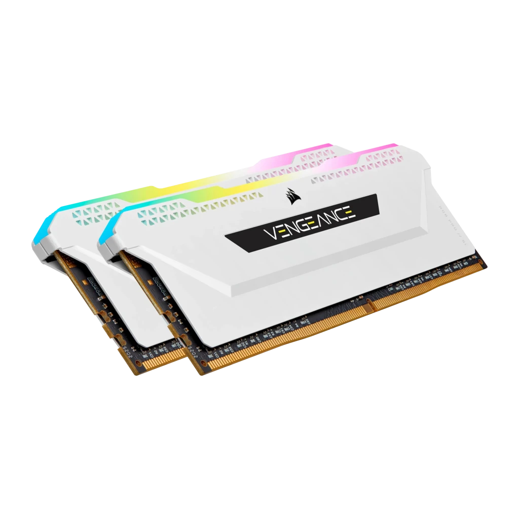 Corsair Vengeance RGB Pro SL 32GB Blanc, vue latérale: un module DDR4 avec éclairage RGB en haut et dissipateur blanc avec - Ítem1
