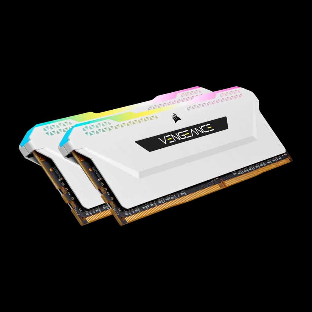 Corsair Vengeance RGB Pro SL 32GB Blanco, vista en perspectiva: kit de 2 módulos DDR4 escalonados con iluminación RGB