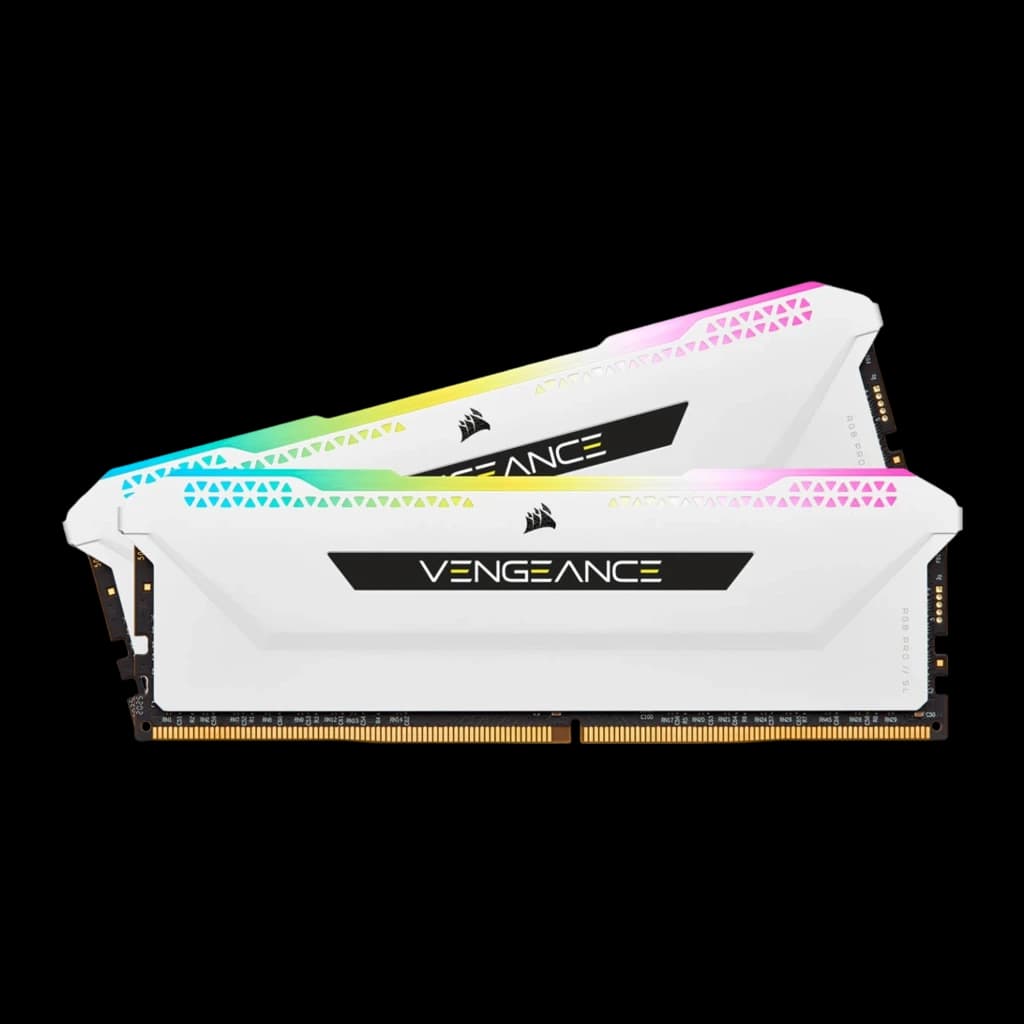 Corsair Vengeance RGB Pro SL 32GB Blanco, vista frontal: 2 módulos DDR4 alineados mostrando iluminación RGB y patrón
