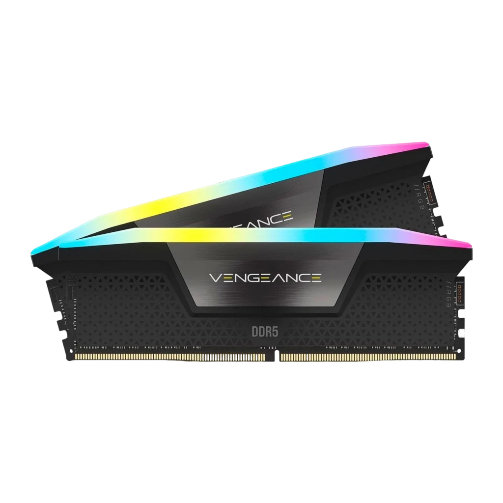 Corsair Vengeance 48GB DDR5 preto, vista frontal: módulo único, iluminação RGB no topo e logo VENGEANCE - Item2