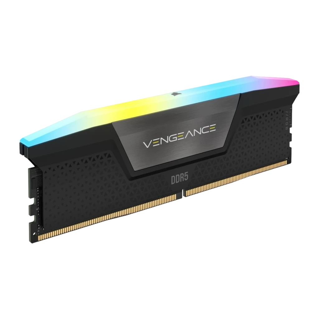 Corsair Vengeance 48GB DDR5 preto, vista frontal: módulo único, iluminação RGB no topo e logo VENGEANCE - Item3