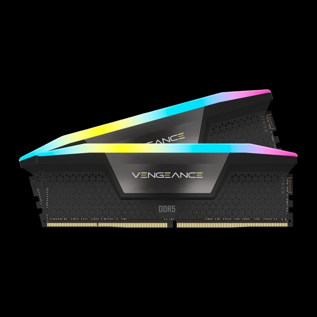 Corsair Vengeance 48GB negro DDR5, vista frontal: 2 módulos en escorzo, iluminación RGB multicolor en la parte superior
