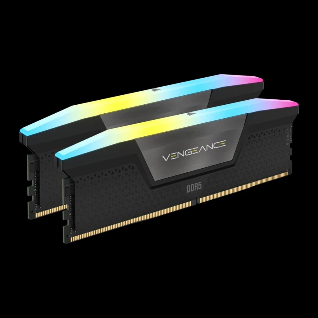Corsair Vengeance 48GB negro DDR5, vista en perspectiva: 2 módulos escalonados, RGB multicolor y logo Vengeance visibles
