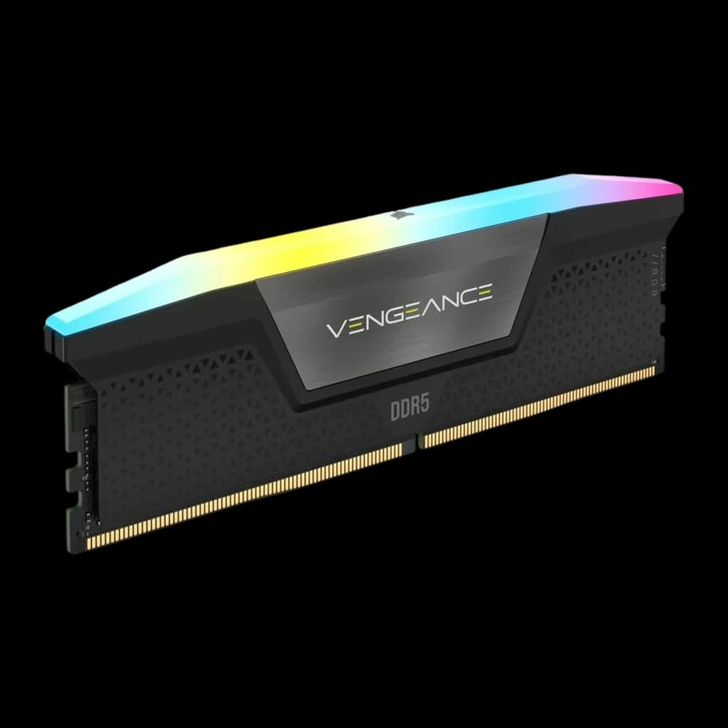 Corsair Vengeance 48GB negro DDR5, módulo individual en ángulo: disipador texturizado, RGB multicolor y conector DDR5 dorado