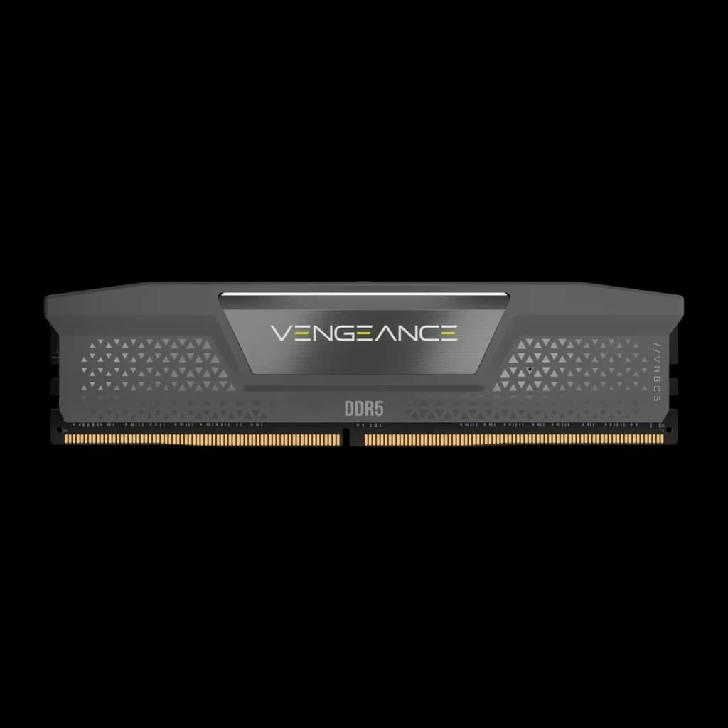 Corsair Vengeance DDR5 16GB Gris, vista frontal: disipador gris con logo Vengeance, patrón triangular y contactos dorados