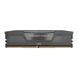 Corsair Vengeance DDR5 16GB Gris, vista frontal: disipador gris con logo Vengeance, patrón triangular y contactos dorados