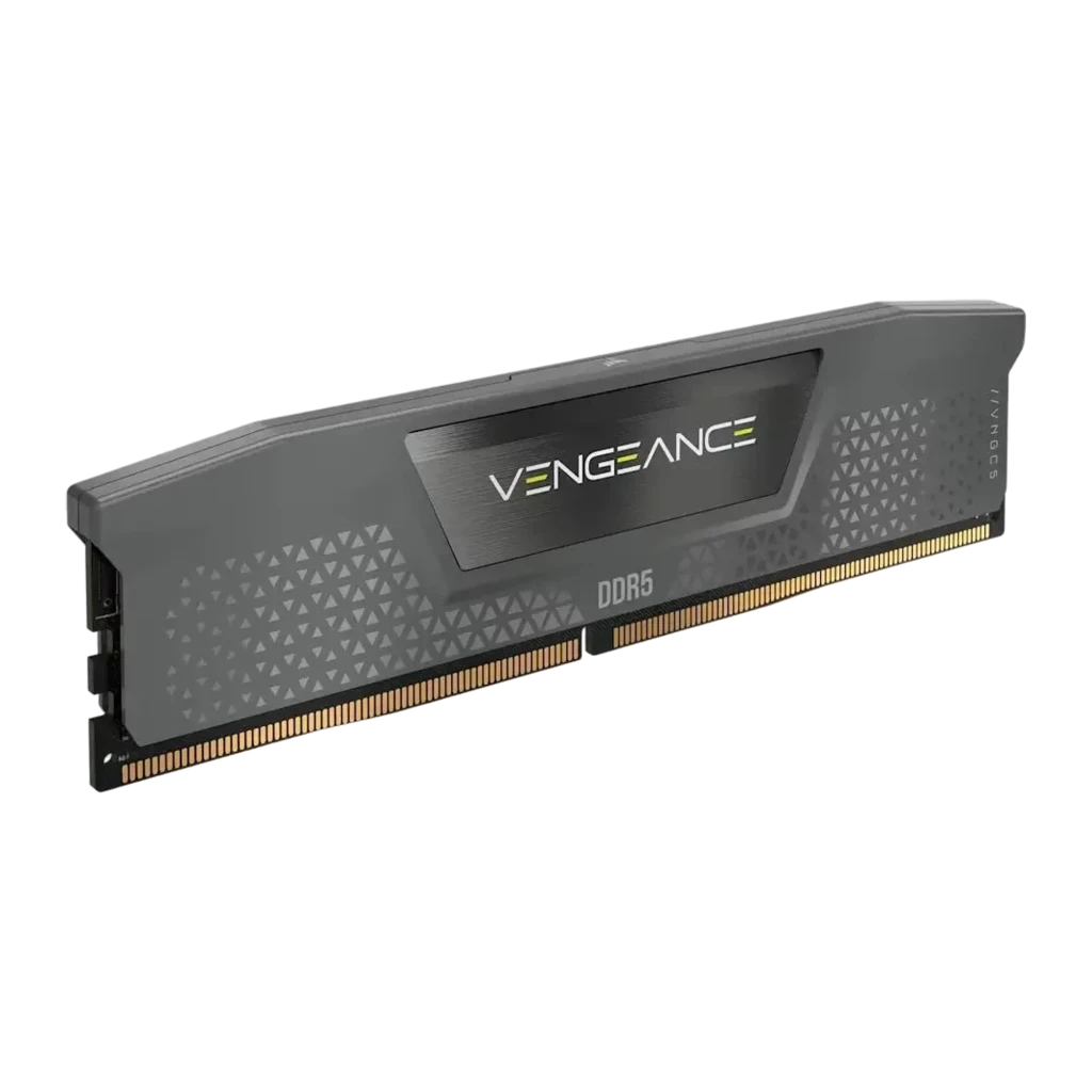 Corsair Vengeance DDR5 16GB Cinza, vista frontal: dissipador cinza com logo Vengeance, padrão triangular e contatos dourados - Item1