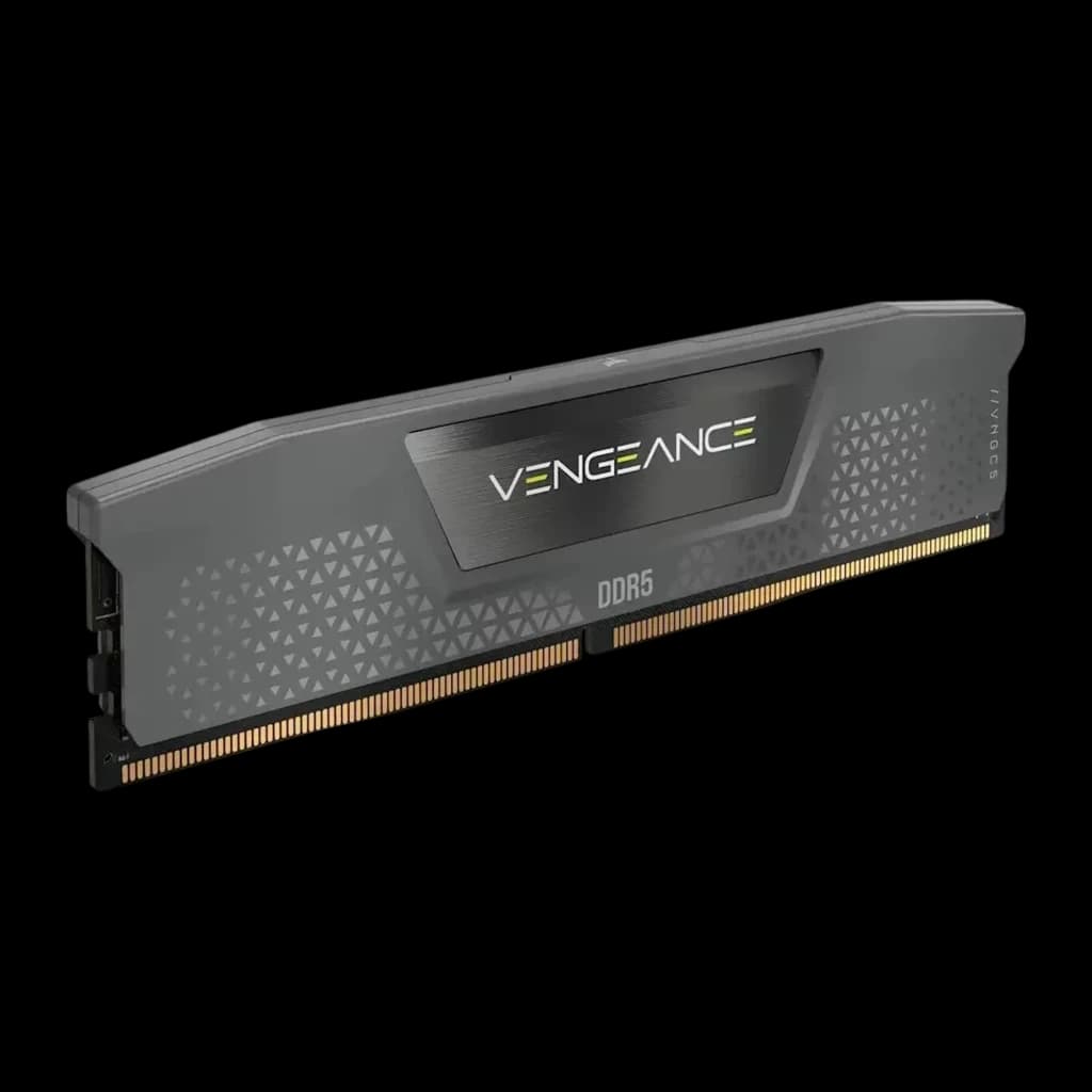 Corsair Vengeance DDR5 16GB Gris, vista en ángulo: perfil del disipador gris, textura triangular lateral y contactos dorados