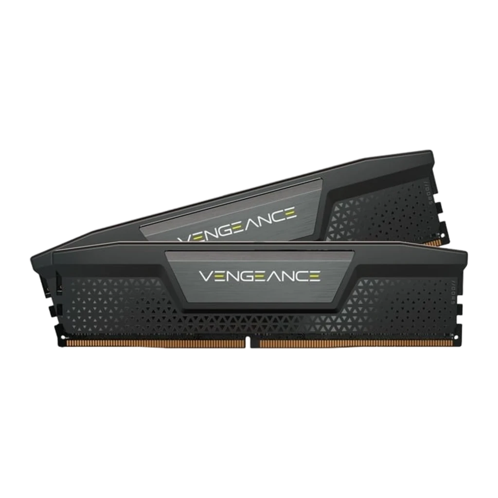 Corsair Vengeance DDR5 5200MHz 32GB preto, vista em perspectiva: dois módulos escalonados com dissipador texturizado e logo - Item1