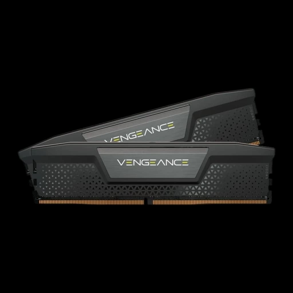 Corsair Vengeance DDR5 5200MHz 32GB negro, vista lateral: dos módulos alineados mostrando perfil asimétrico del disipador y