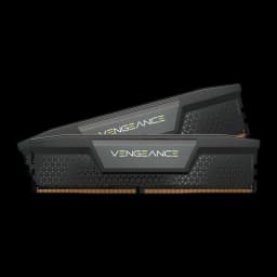 Corsair Vengeance DDR5 5200MHz 32GB negro, vista lateral: dos módulos alineados mostrando perfil asimétrico del disipador y