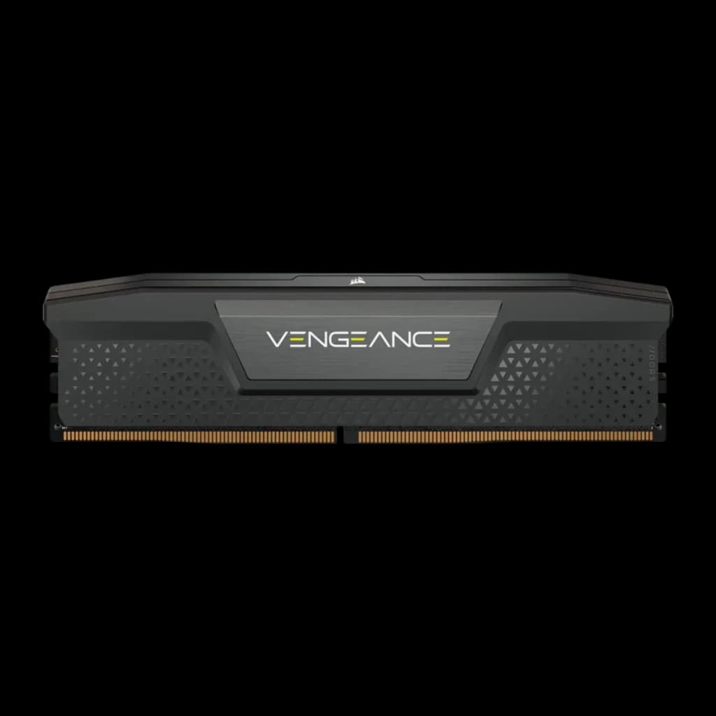 Corsair Vengeance 32GB DDR5 6400MHz negro, vista frontal: un módulo, disipador con logo VENGEANCE y patrón triangular