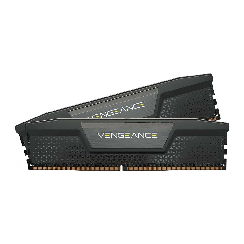 Corsair Vengeance 32GB DDR5 6400MHz preto, vista frontal: módulo único, dissipador com logo VENGEANCE e padrão triangular - Item2