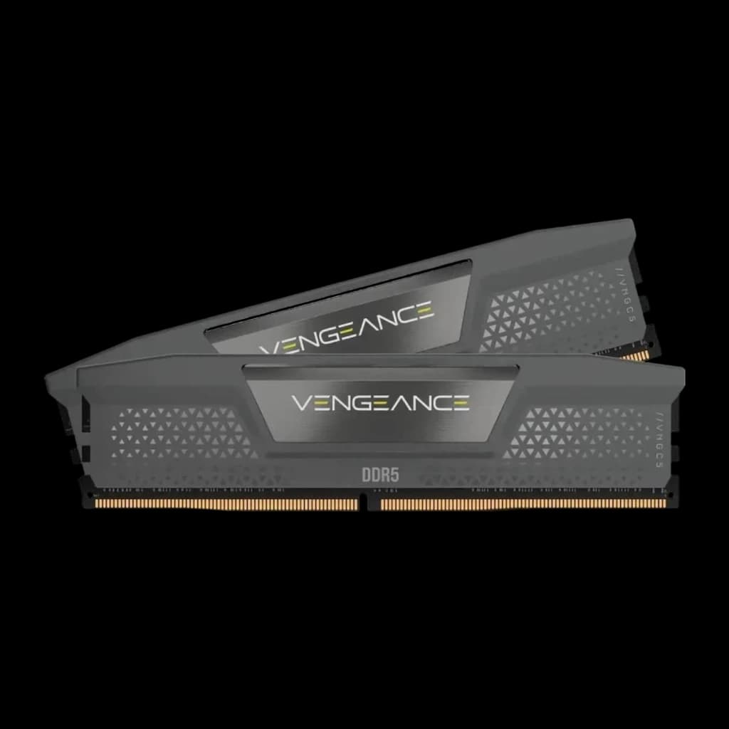 Corsair Vengeance 32GB Gris, vista frontal: 2 módulos DDR5 con disipador gris, logo Vengeance y contactos dorados visibles