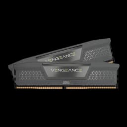 Corsair Vengeance 32GB Gris, vista frontal: 2 módulos DDR5 con disipador gris, logo Vengeance y contactos dorados visibles