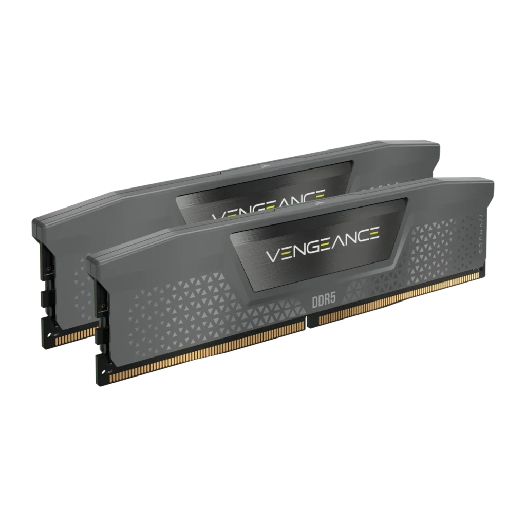 Corsair Vengeance 32GB Cinza, vista frontal: 2 módulos DDR5 com dissipador cinza, logo Vengeance e contatos dourados visíveis - Item1