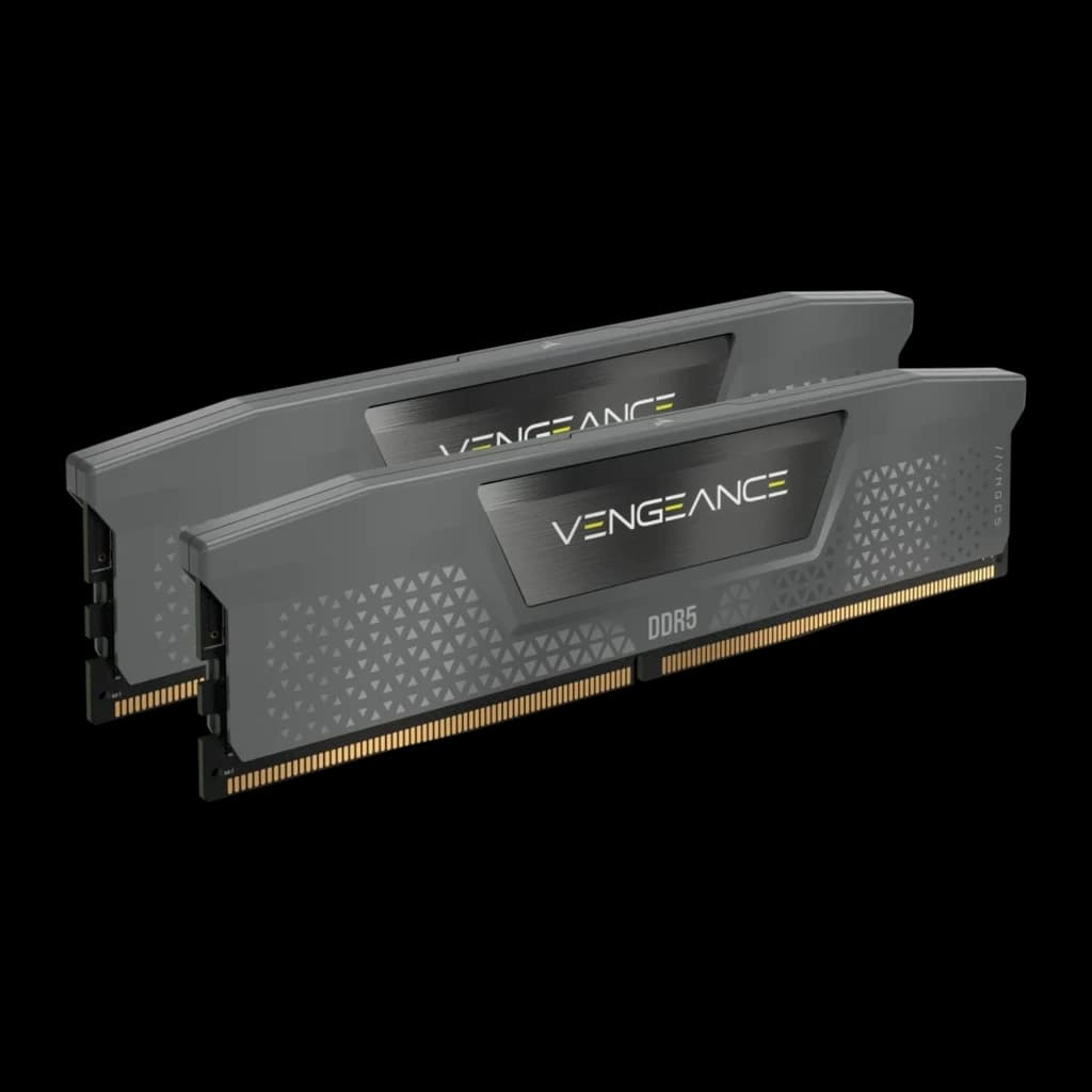 Corsair Vengeance 32GB Gris, vista en ángulo: 2 módulos DDR5 escalonados mostrando lateral y textura triangular del disipador