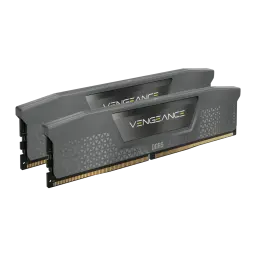 Corsair Vengeance 32GB Gris, vista en ángulo: 2 módulos DDR5 escalonados mostrando lateral y textura triangular del disipador