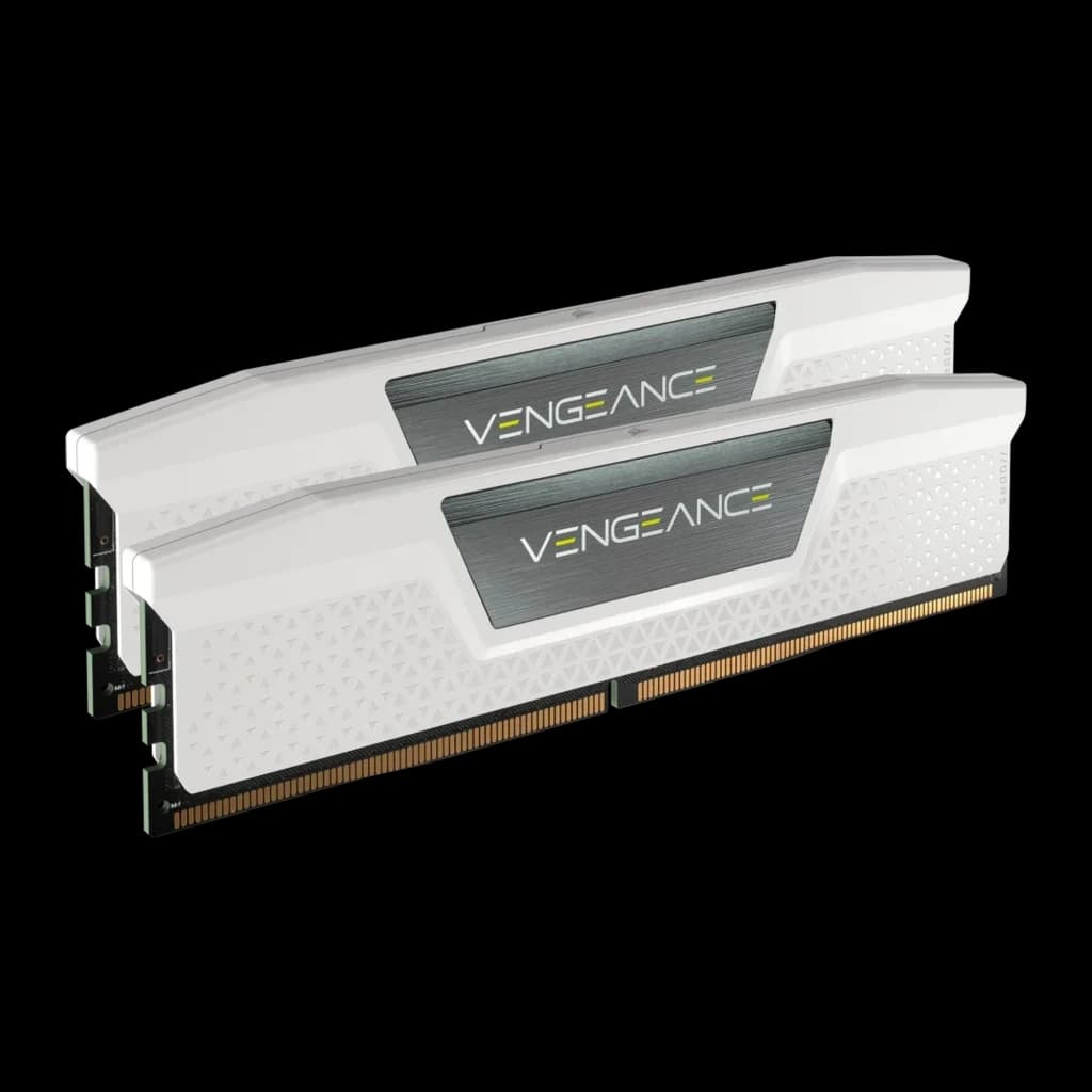 Corsair Vengeance 32GB DDR5 Blanco, vista frontal en ángulo: 2 módulos DIMM con disipador blanco y placa gris Vengeance