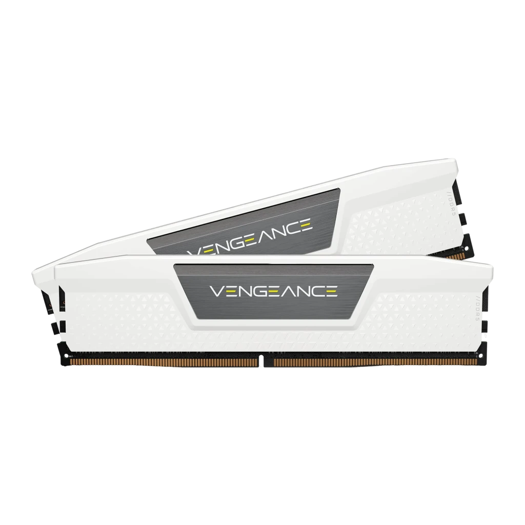 Corsair Vengeance 32GB DDR5 Branco, vista frontal em ângulo: 2 módulos DIMM com dissipador branco e placa cinza Vengeance - Item1