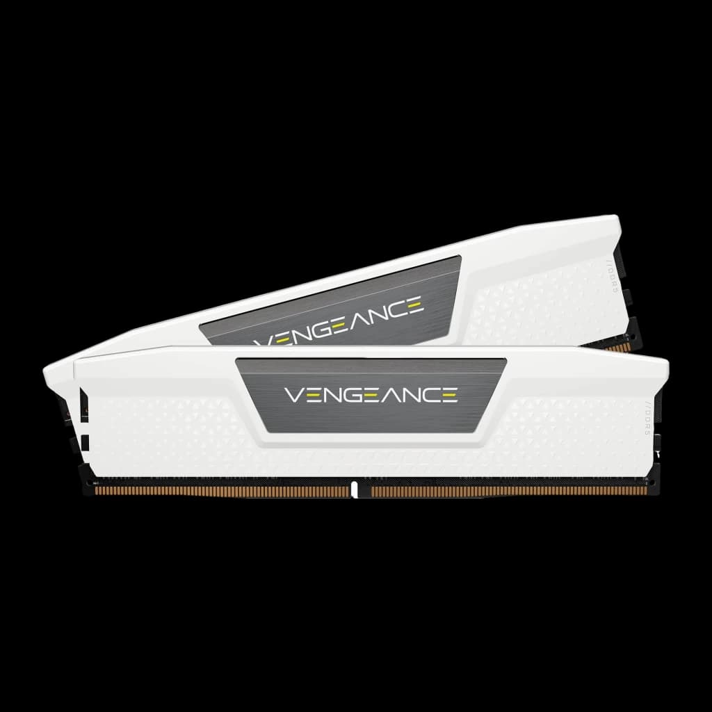 Corsair Vengeance 32GB DDR5 Blanco, vista lateral: perfil de 2 módulos DIMM mostrando el diseño en pico del disipador blanco