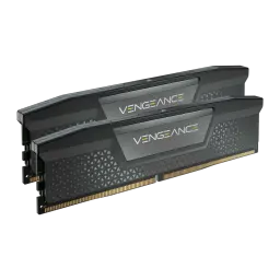 Corsair Vengeance DDR5 6400MHz 64GB Negro, vista frontal en perspectiva: dos módulos apilados con disipador texturizado y