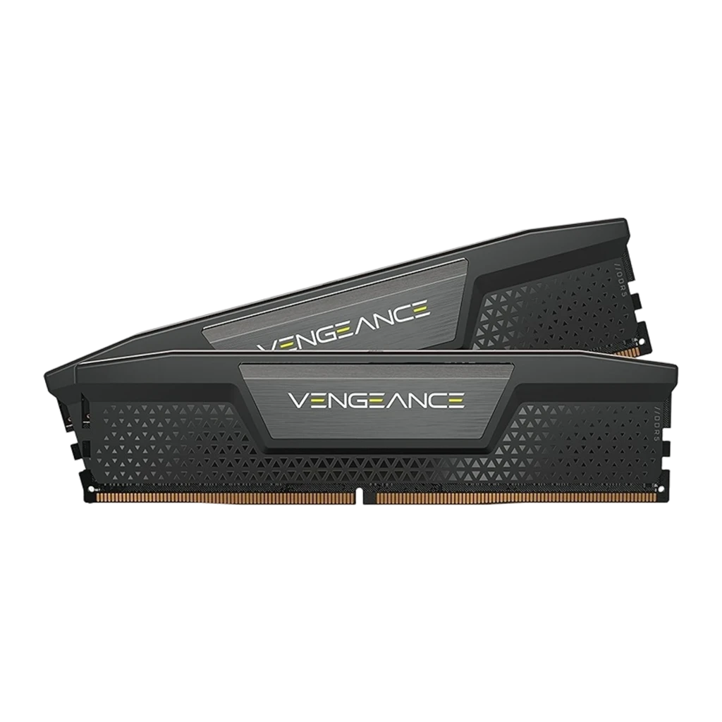 Corsair Vengeance DDR5 6400MHz 64GB Preto, vista frontal em perspectiva: dois módulos empilhados com dissipador texturizado - Item1