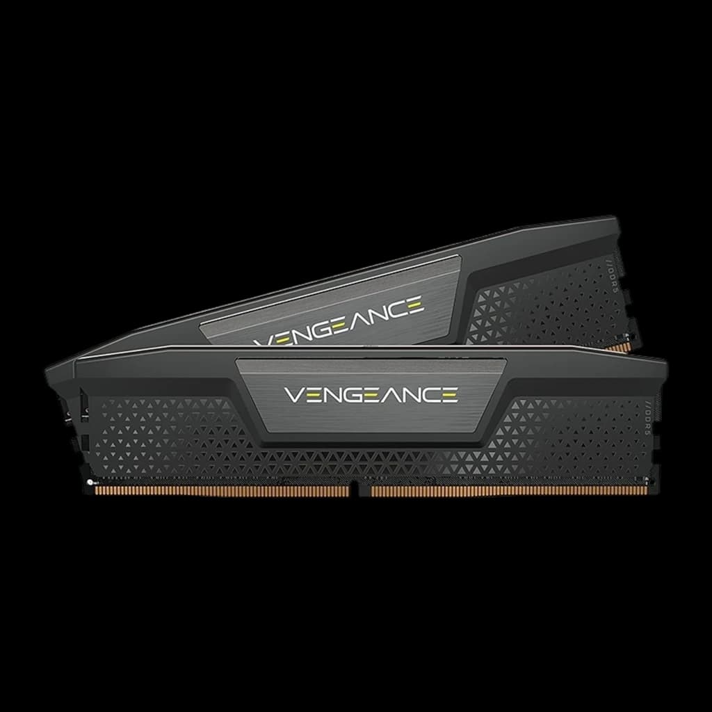 Corsair Vengeance DDR5 6400MHz 64GB Negro, vista lateral: dos módulos mostrando perfil asimétrico del disipador y contactos