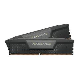 Corsair Vengeance DDR5 6400MHz 64GB Negro, vista lateral: dos módulos mostrando perfil asimétrico del disipador y contactos