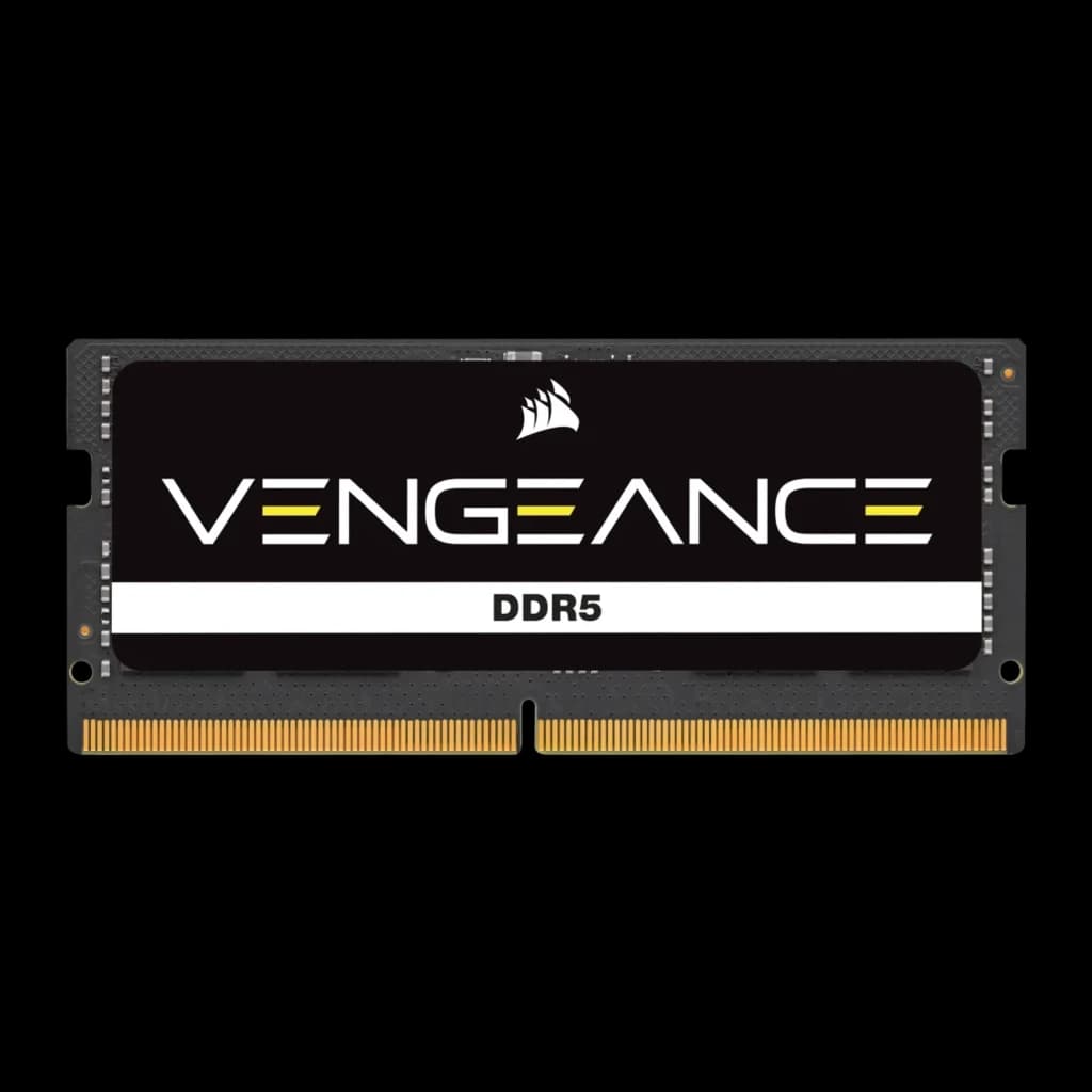 Corsair Vengeance 24GB DDR5 SO-DIMM negro, vista frontal: etiqueta Vengeance DDR5 y contactos dorados