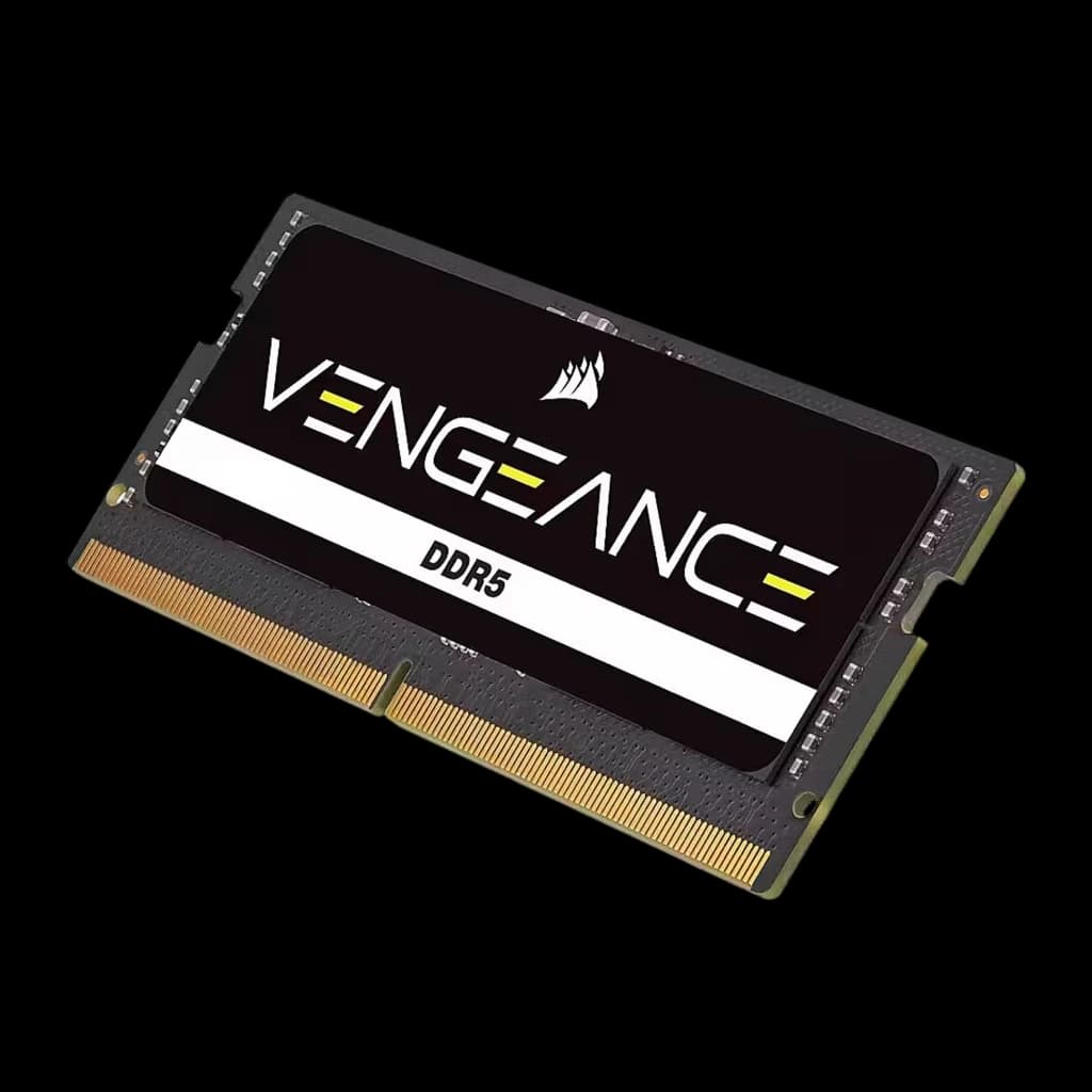 Corsair Vengeance 24GB DDR5 SO-DIMM negro, vista en perspectiva: ángulo 3/4 muestra grosor del módulo y PCB