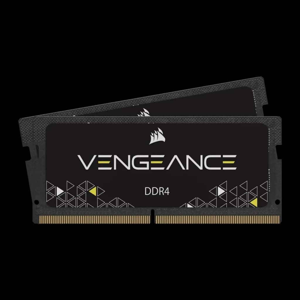 Corsair Vengeance CMSX32GX4M2A3000C18 32GB negro, vista frontal: 2 módulos SO-DIMM DDR4 superpuestos, logo Vengeance y