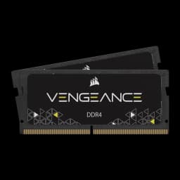Corsair Vengeance CMSX32GX4M2A3000C18 32GB negro, vista frontal: 2 módulos SO-DIMM DDR4 superpuestos, logo Vengeance y