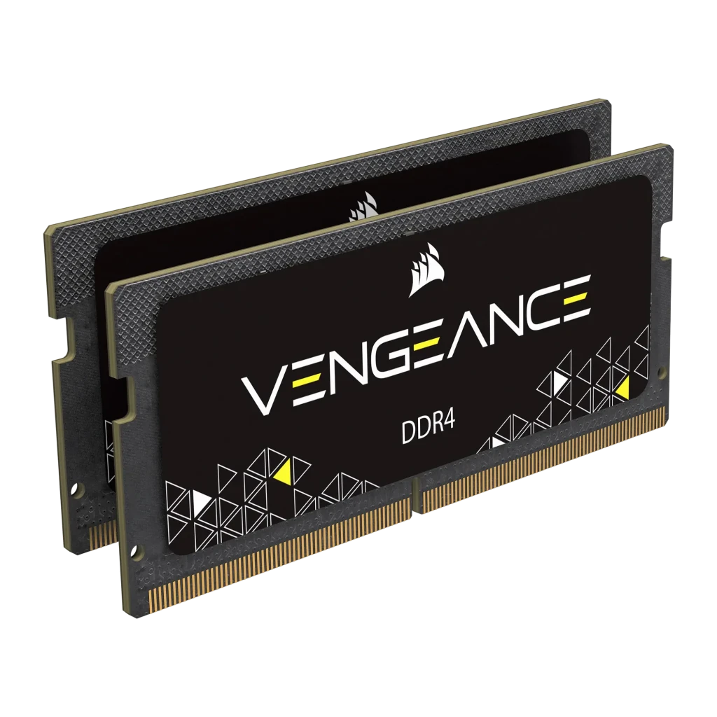 Corsair Vengeance CMSX32GX4M2A3000C18 32GB noir, vue de face: 2 modules SO-DIMM DDR4 superposés, logo Vengeance et contacts - Ítem1
