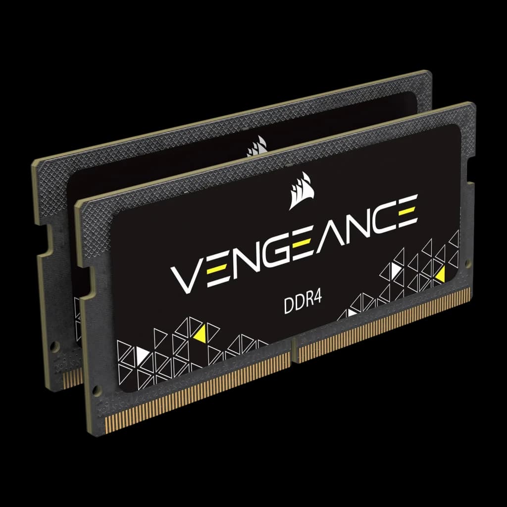 Corsair Vengeance CMSX32GX4M2A3000C18 32GB negro, vista en ángulo: 2 módulos SO-DIMM DDR4 mostrando grosor del disipador y